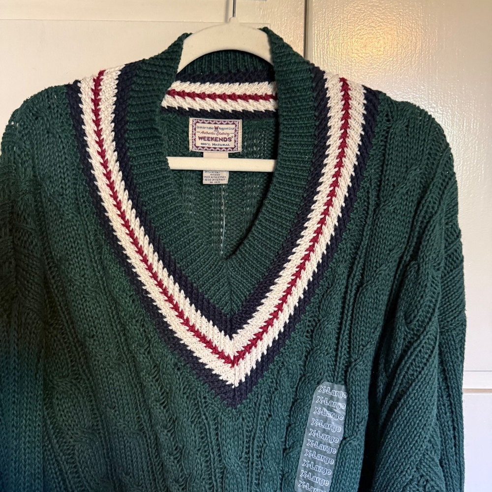 NWT Vintage Weekends Green Cable Knit V Neck Variety Sweater Size XL Deadstock - Picture 2 of 11